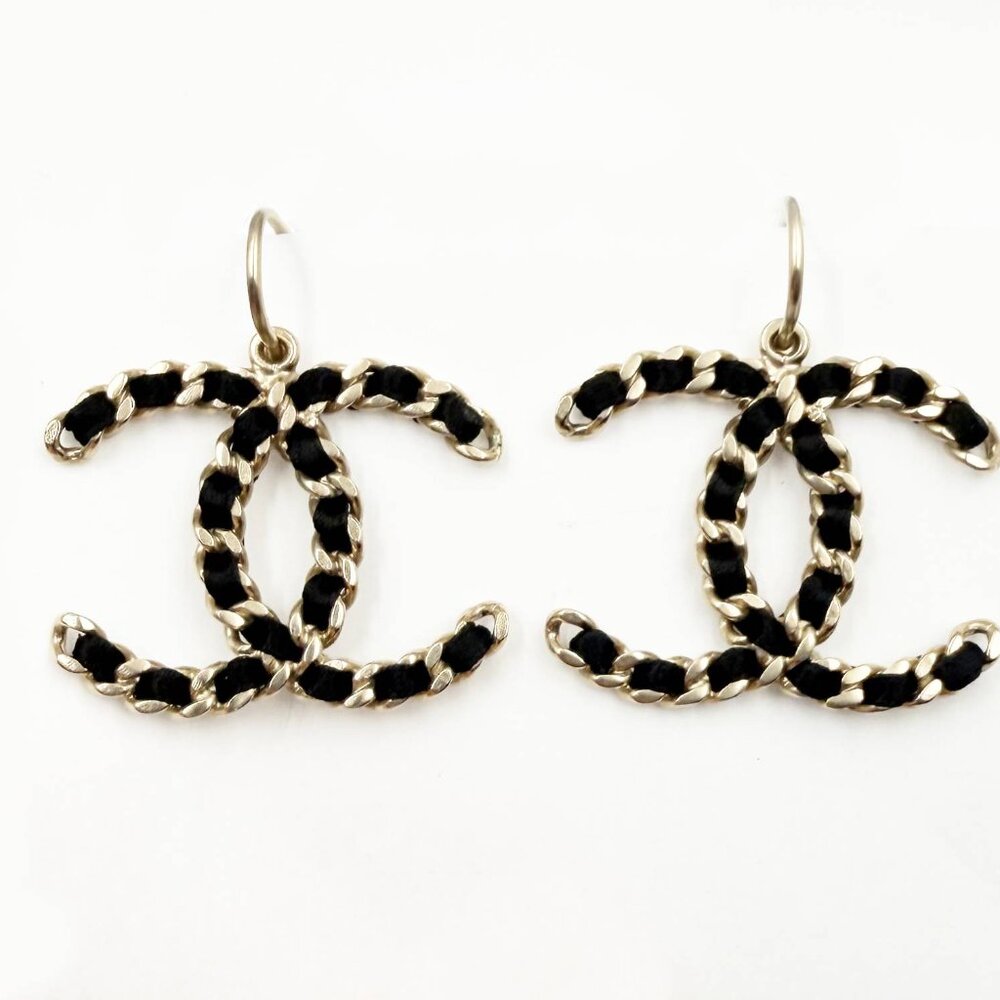 Chanel Gold CC Chain Black Ribbon XL Hoop Earrings
